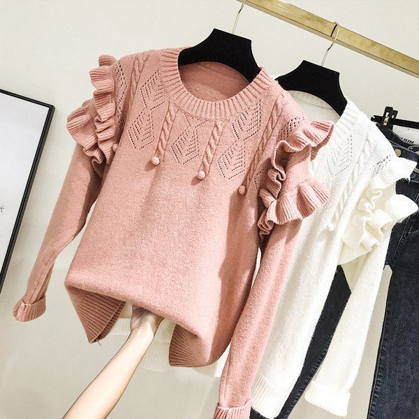 Modern női pulóver O-nyakkal, rózsaszín és fehér színben