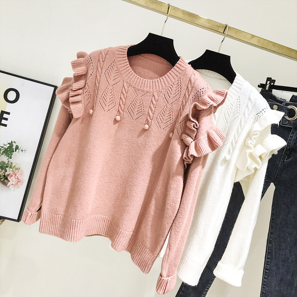 Modern női pulóver O-nyakkal, rózsaszín és fehér színben