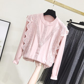 Casual γυναικείο πουλόβερ με στρογγυλη λαιμόκοψη σε ροζ και μπεζ χρώμα