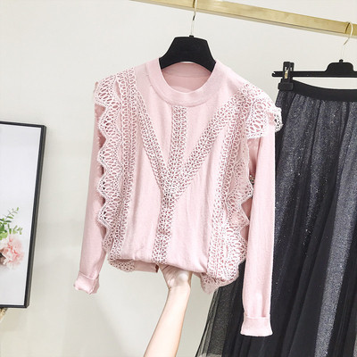 Casual γυναικείο πουλόβερ με στρογγυλη λαιμόκοψη σε ροζ και μπεζ χρώμα