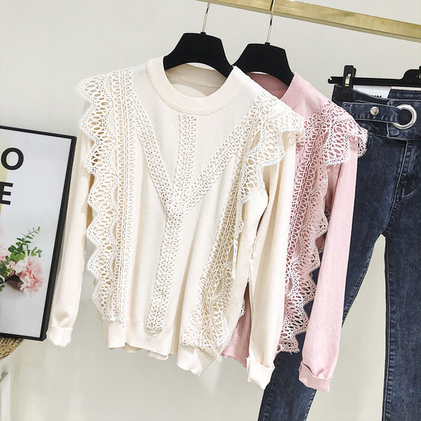 Casual γυναικείο πουλόβερ  με στρογγυλη λαιμόκοψη σε ροζ και μπεζ χρώμα