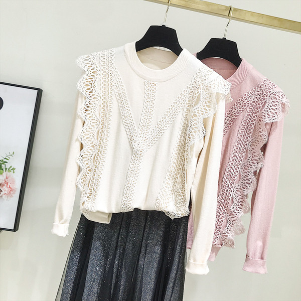 Casual γυναικείο πουλόβερ  με στρογγυλη λαιμόκοψη σε ροζ και μπεζ χρώμα