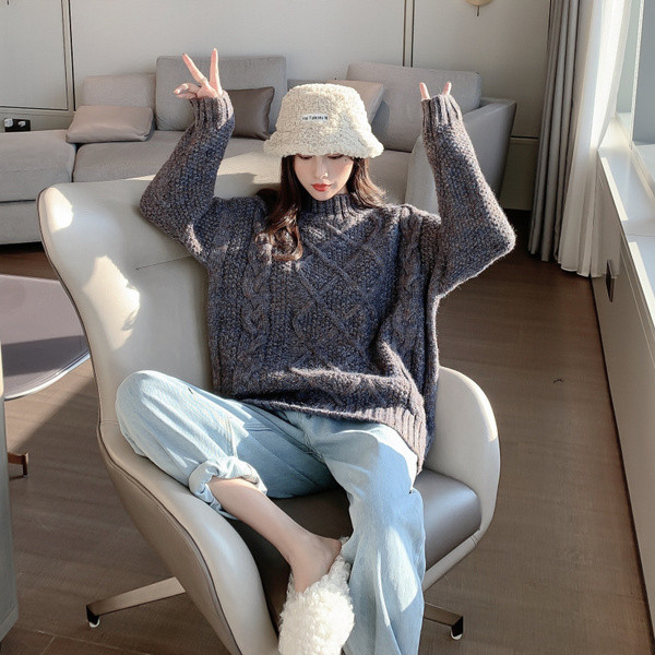 Pulover gros casual de culoare gri cu guler polo