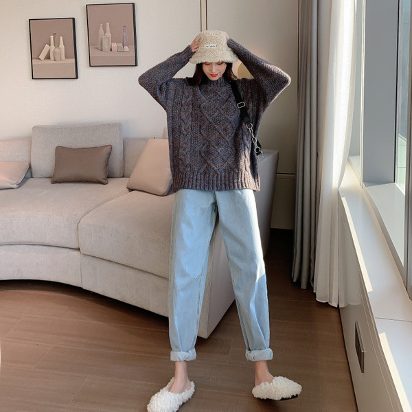 Pulover gros casual de culoare gri cu guler polo