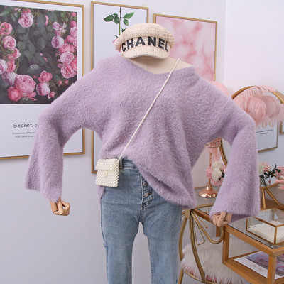 Νέο μοντέλο γυναικείο πουλόβερ με λαιμόκοψη και φαρδιά μανίκια