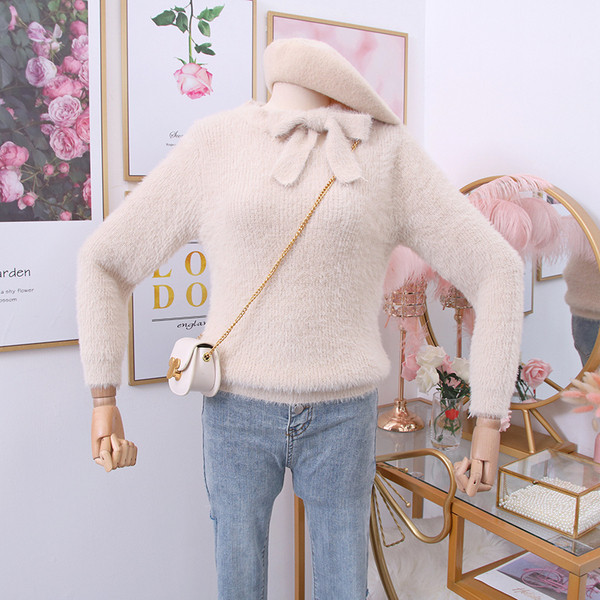 Μοντέρνο γυναικείο πουλόβερ με κορδέλα σε μπεζ, μπλε, ροζ και άσπρο χρώμα