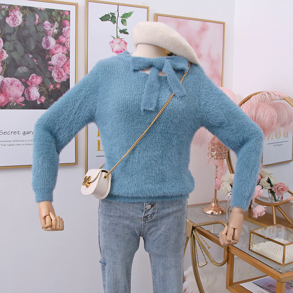 Μοντέρνο γυναικείο πουλόβερ με κορδέλα σε μπεζ, μπλε, ροζ και άσπρο χρώμα