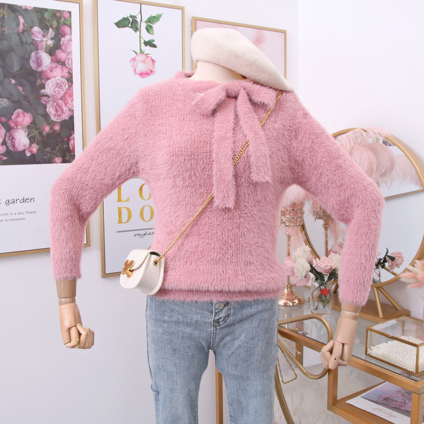 Μοντέρνο γυναικείο πουλόβερ με κορδέλα σε μπεζ, μπλε, ροζ και άσπρο χρώμα