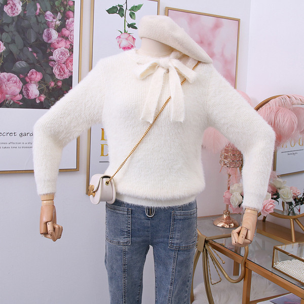 Μοντέρνο γυναικείο πουλόβερ με κορδέλα σε μπεζ, μπλε, ροζ και άσπρο χρώμα