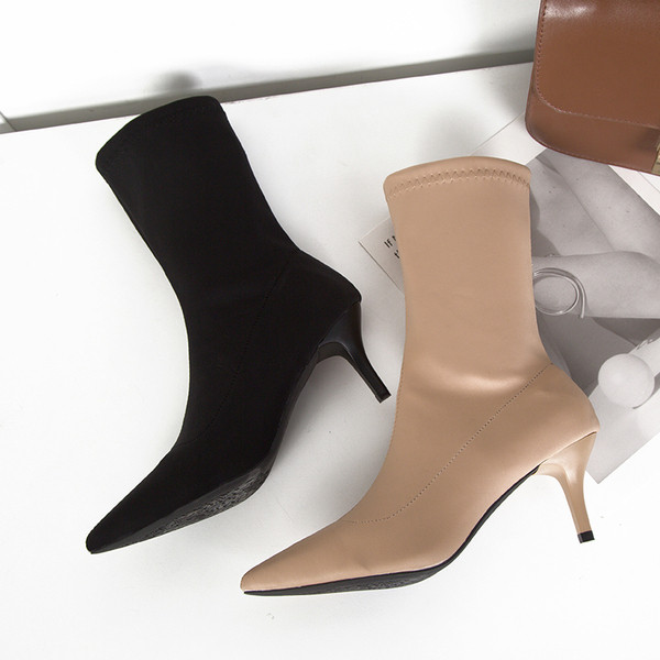 Cizme de dama elegante cu toc subtire in negru si bej