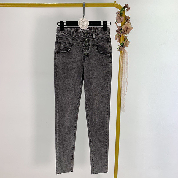 Blugi de damă în formă de albastru, gri și negru, cu nasturi