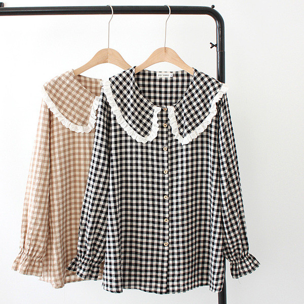 Casual γυναικείο πουκάμισο  `O-Neck μακρύ μανίκι σε μπεζ και μαύρο χρώμα