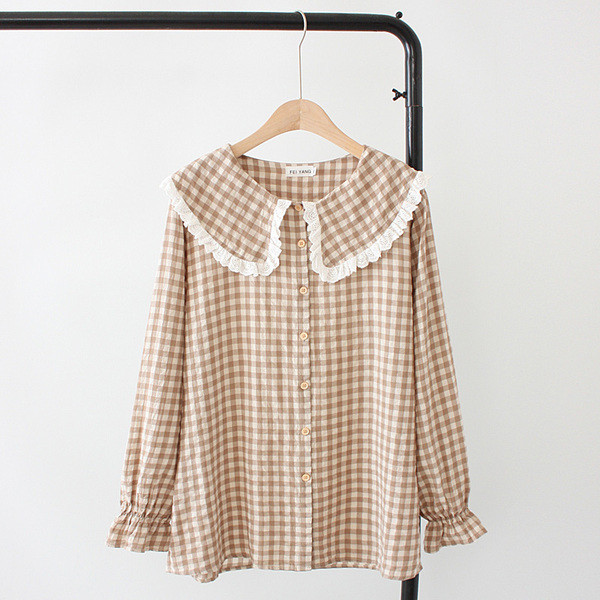 Casual γυναικείο πουκάμισο  `O-Neck μακρύ μανίκι σε μπεζ και μαύρο χρώμα