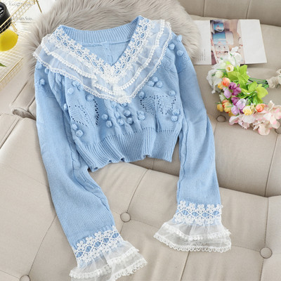 Pulover de dama cu decolteu spitz si dantela in mai multe culori