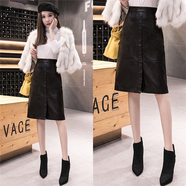 Модерна дамска пола с копчета от еко кожа в кафяв и черен цвят