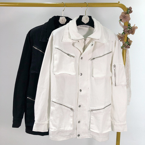 Дълго пролетно-есенно ежедневно яке с ципове в бял и черен цвят