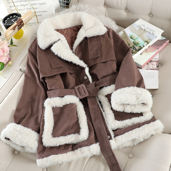 Модерно дамско палто с пух и колан в няколко цвята