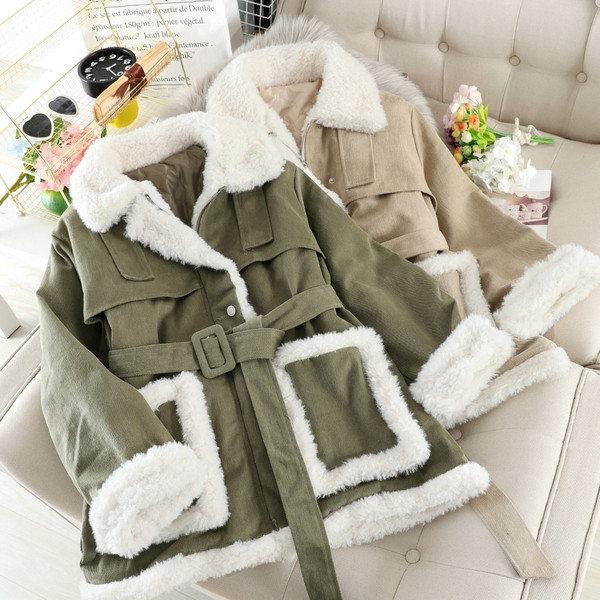 Модерно дамско палто с пух и колан в няколко цвята