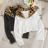 Дамска модерна жилетка с леопардова яка в бял и черен цвят