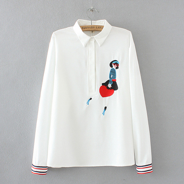 Модерна дамска риза с бродерия и класическа яка в розов и бял цвят 