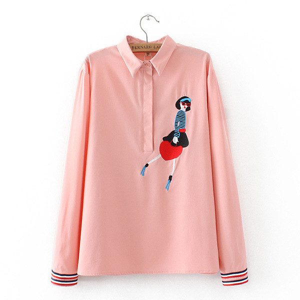 Модерна дамска риза с бродерия и класическа яка в розов и бял цвят 