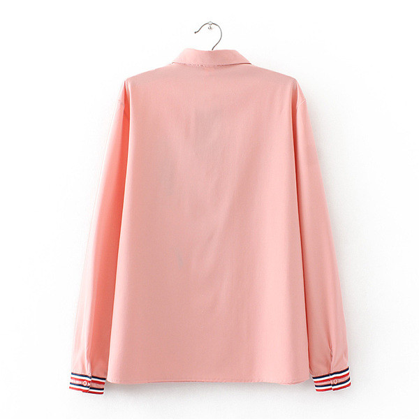 Модерна дамска риза с бродерия и класическа яка в розов и бял цвят 