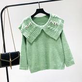 Актуален дамски пуловер с О-образно деколте в зелен,жълт и син цвят