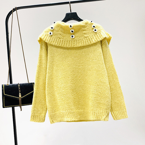 Актуален дамски пуловер с О-образно деколте в зелен,жълт и син цвят