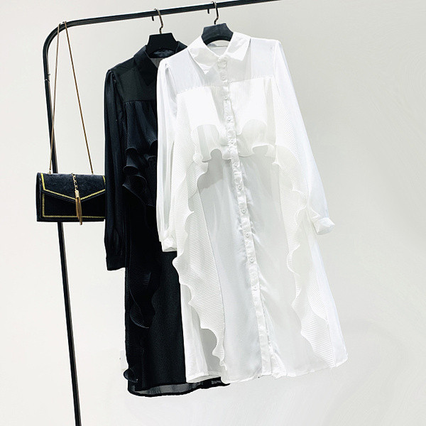 Нов модел модерна дамска рокля - риза с класическа яка и копчета в кафяв,бял и черен цвят