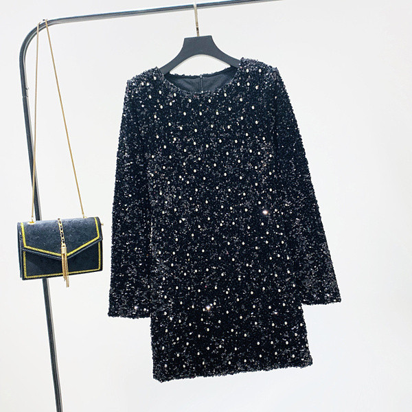 Модерна дамска рокля - О-образно деколте с перли и пайети