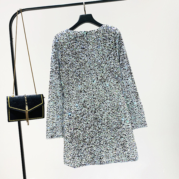 Модерна дамска рокля - О-образно деколте с перли и пайети