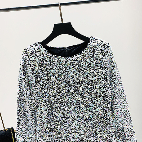 Модерна дамска рокля - О-образно деколте с перли и пайети