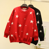 Модерен дамски пуловер с О-образно деколте и дълъг ръкав в червен и черен цвят