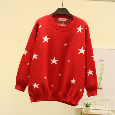 Модерен дамски пуловер с О-образно деколте и дълъг ръкав в червен и черен цвят