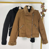 Късо есенно-зимно яке с ципове и топла подплата в кафяв и черен цвят