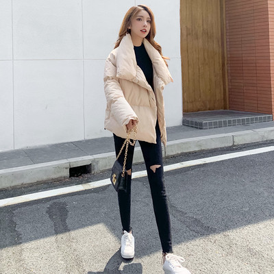 Нов модел дамско зимно яке в поло яка в кафяв и бежов цвят