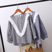 Модерна дамска карирана риза с дълъг ръкав в черен и син цвят