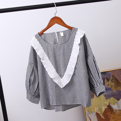 Модерна дамска карирана риза с дълъг ръкав в черен и син цвят