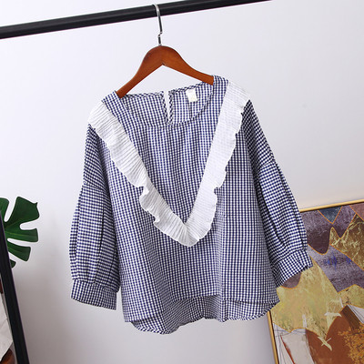 Модерна дамска карирана риза с дълъг ръкав в черен и син цвят