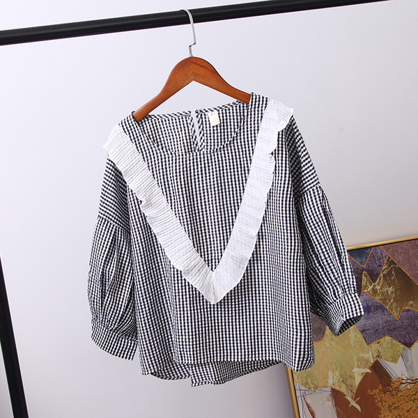 Модерна дамска карирана риза с дълъг ръкав в черен и син цвят 