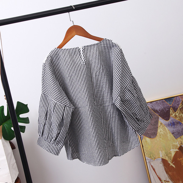 Модерна дамска карирана риза с дълъг ръкав в черен и син цвят 