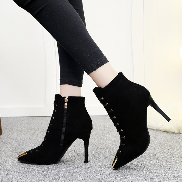 Стилни дамски боти от еко велур с тънък ток в три цвята