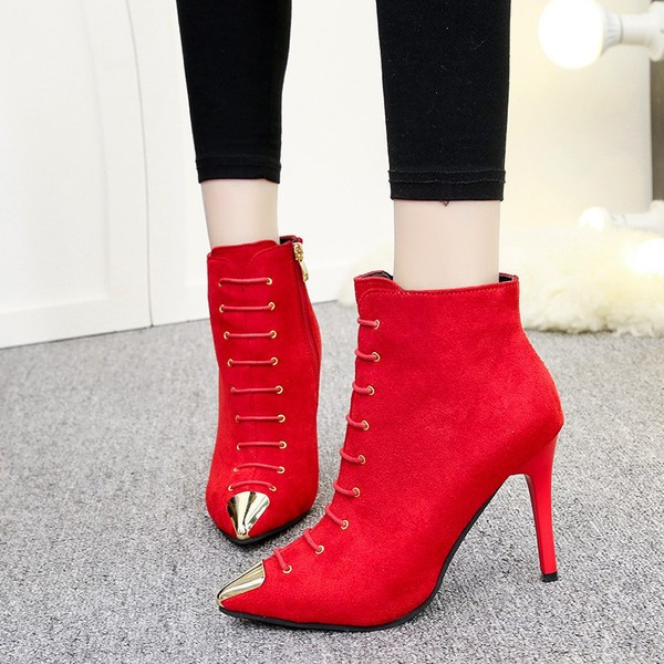 Стилни дамски боти от еко велур с тънък ток в три цвята