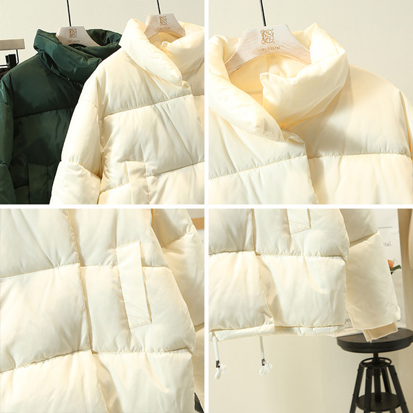 Модерно дамско зимно яке с висока яка и джобове в бял и зелен цвят 