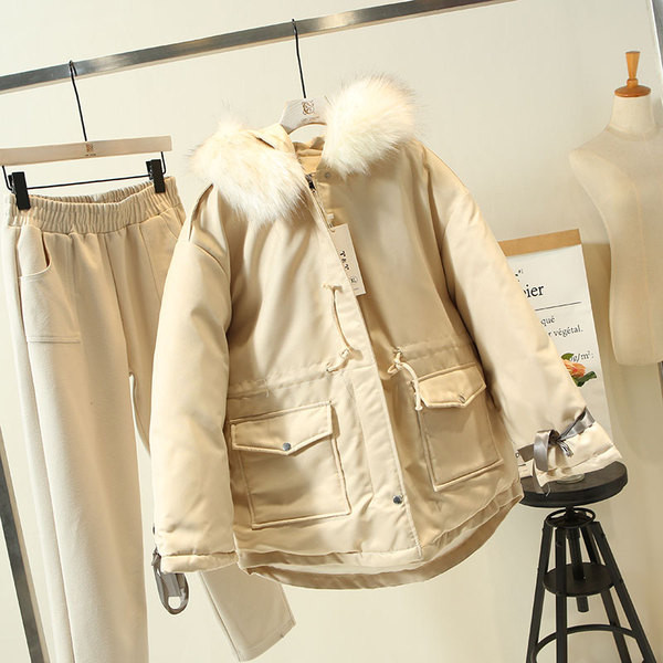 Модерно дамско зимно яке с качулка и пух в бежов,жълт и зелен цвят 