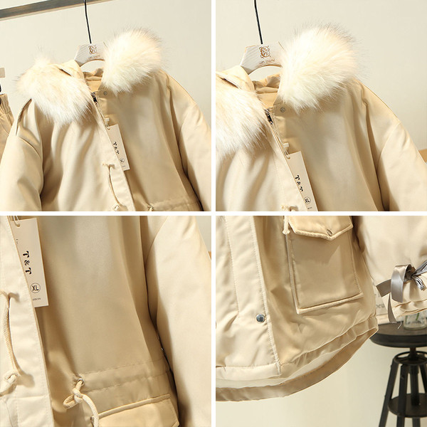 Модерно дамско зимно яке с качулка и пух в бежов,жълт и зелен цвят 