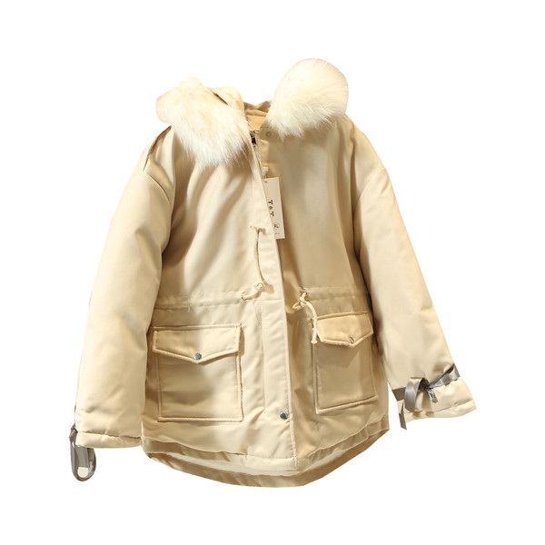 Модерно дамско зимно яке с качулка и пух в бежов,жълт и зелен цвят 