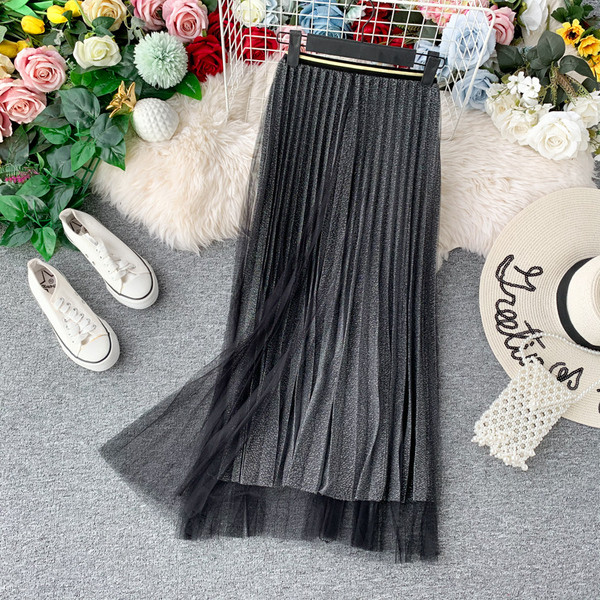 Плисирана дамска пола с тюл и лъскав ефект в четири цвята