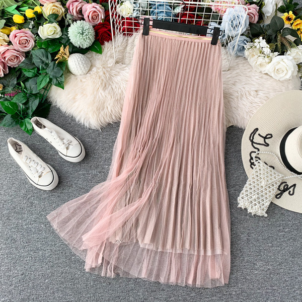 Плисирана дамска пола с тюл и лъскав ефект в четири цвята