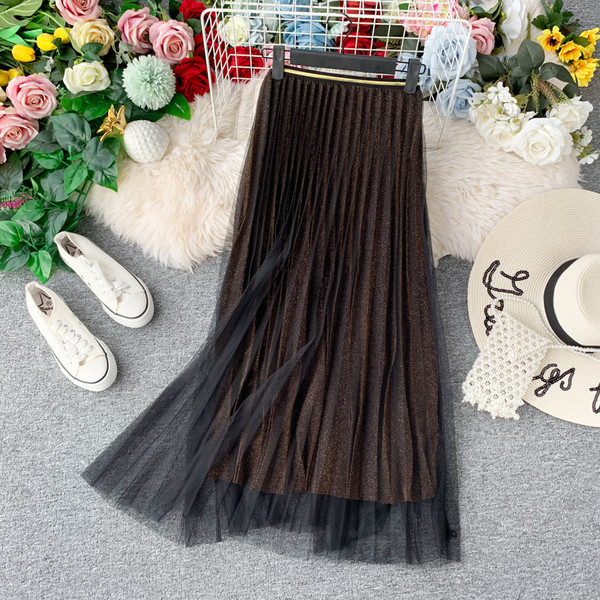 Плисирана дамска пола с тюл и лъскав ефект в четири цвята